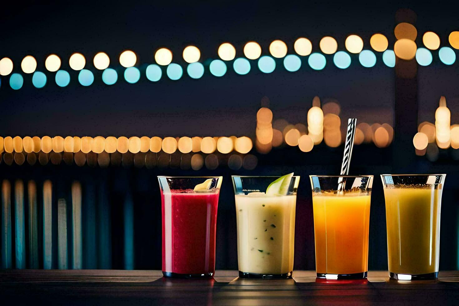 four glasses of juice on a table with a city skyline in the background. AI-Generated photo