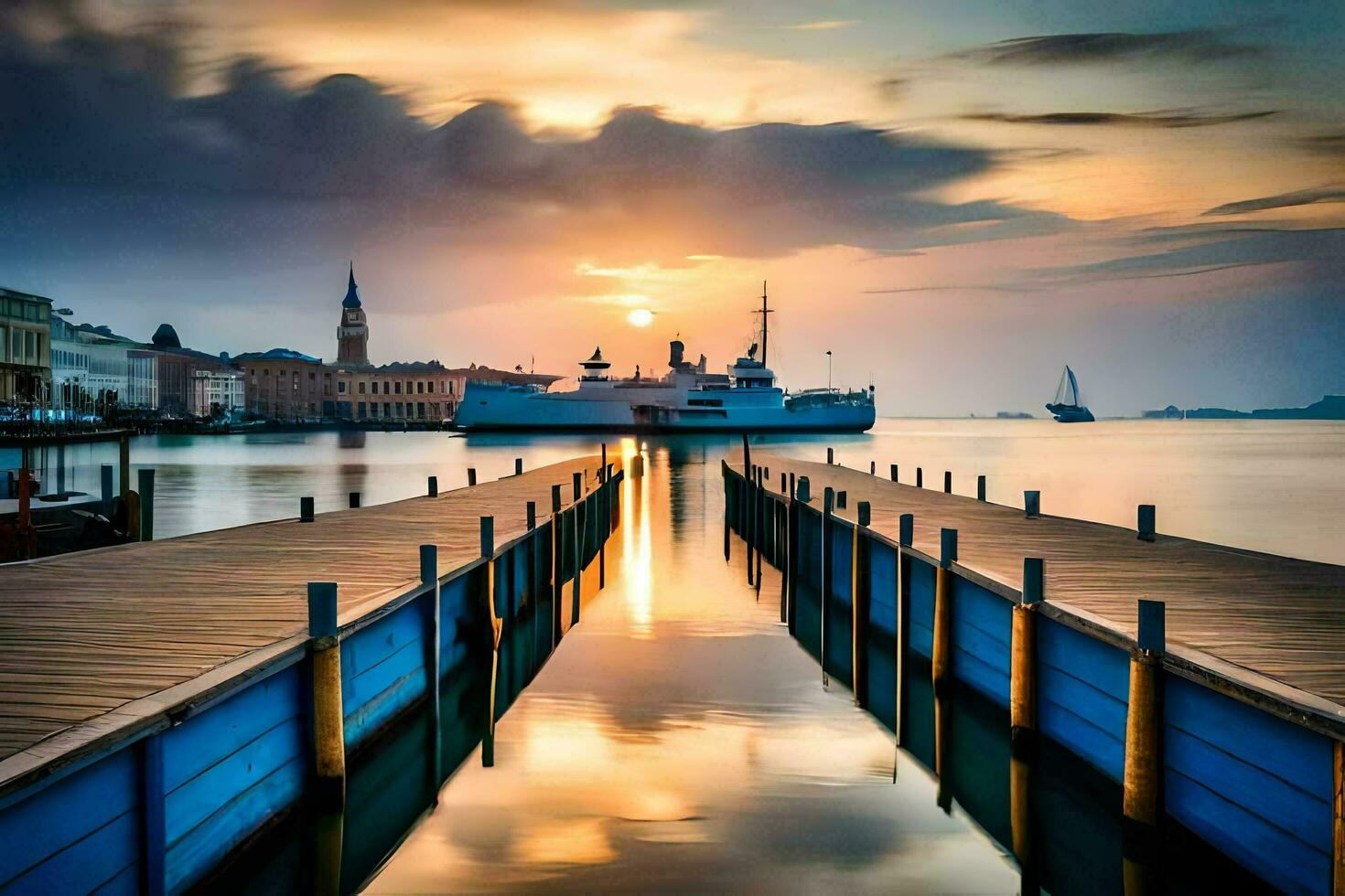 a pier with boats in the water at sunset. AI-Generated photo