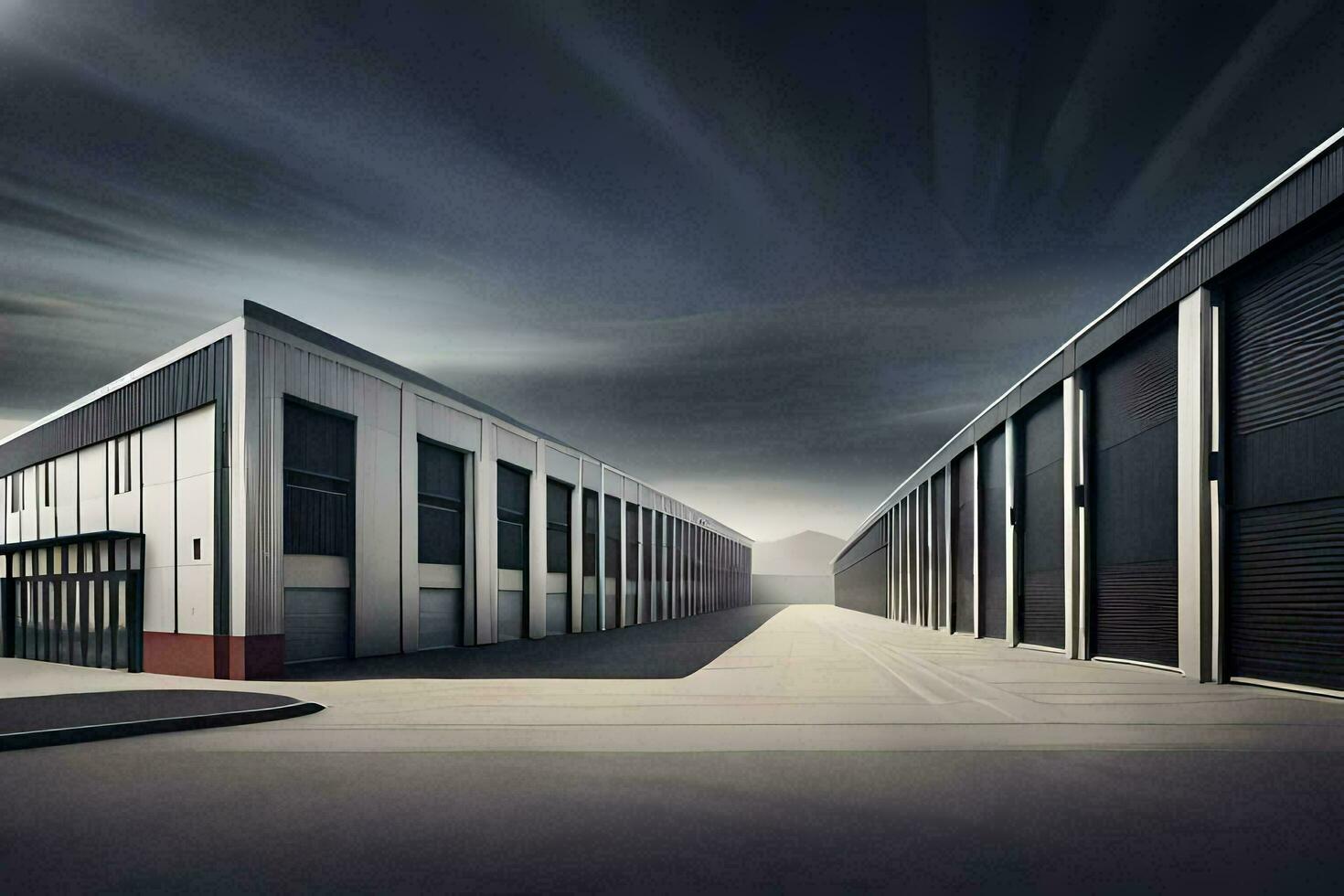 a large warehouse with two large doors. AI-Generated photo
