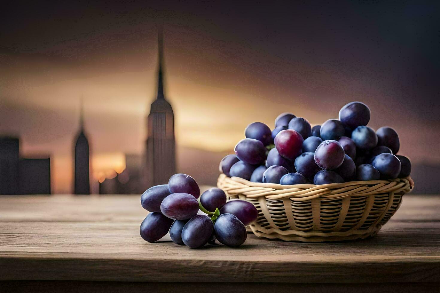 uvas en un cesta con el ciudad en el antecedentes. generado por ai foto
