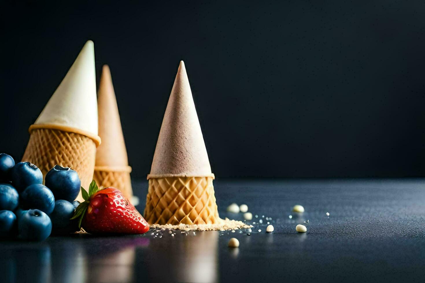 ice cream cones with berries and strawberries on a dark background. AI-Generated photo