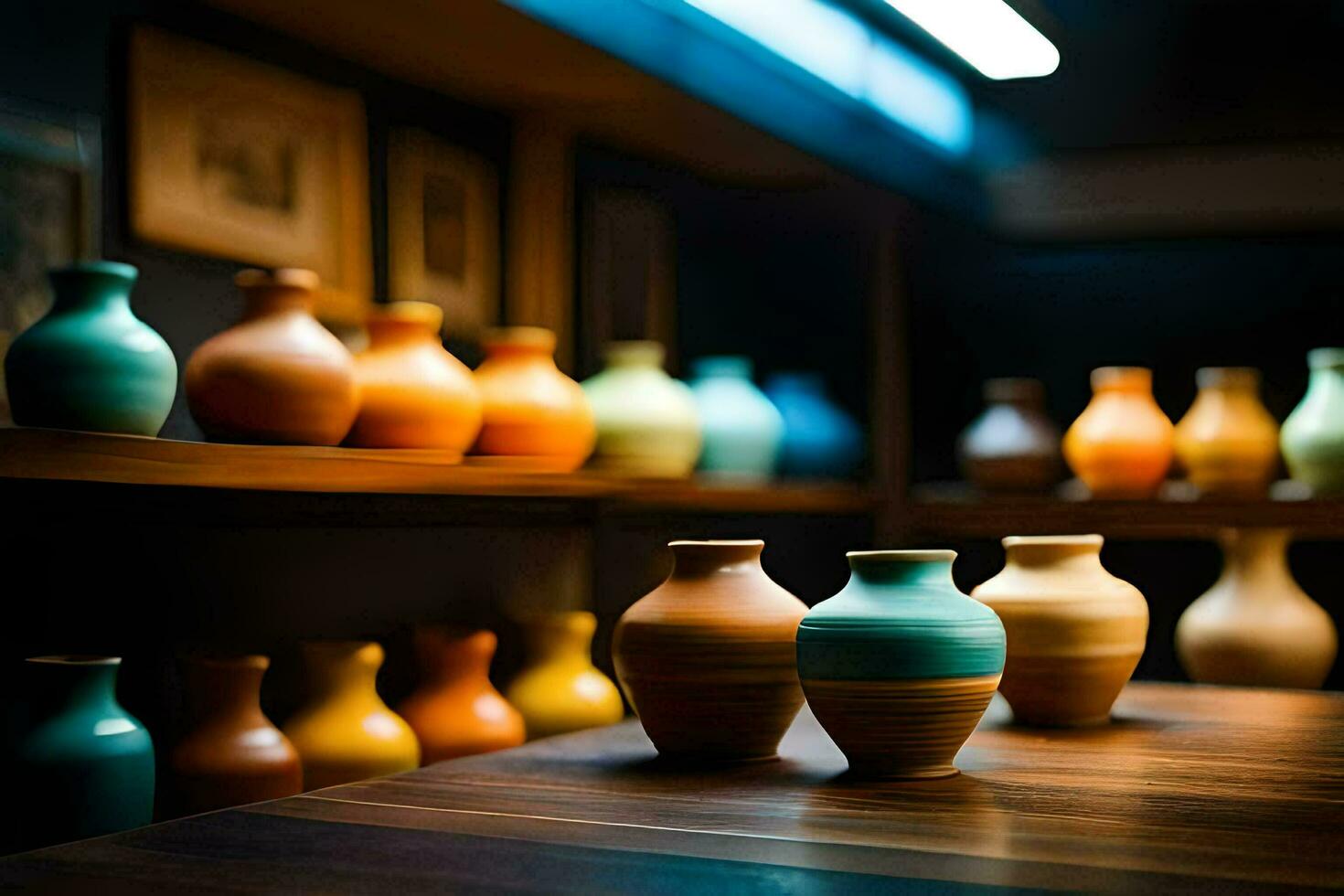 a row of colorful vases on a wooden shelf. AI-Generated photo
