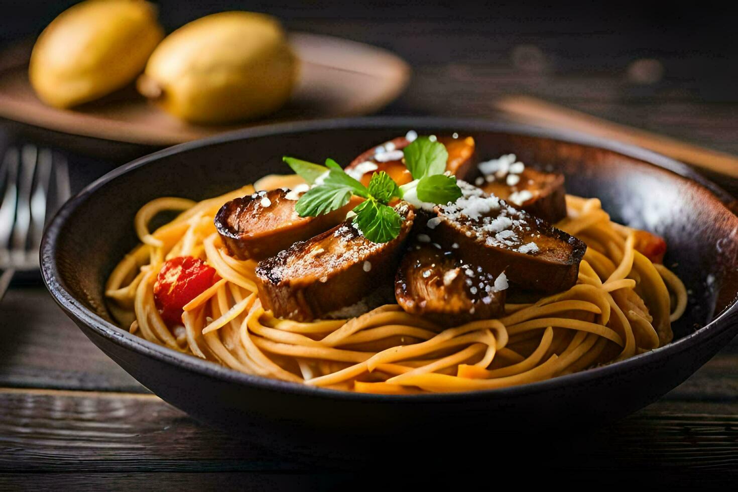 spaghetti with meat and tomatoes in a bowl. AI-Generated photo