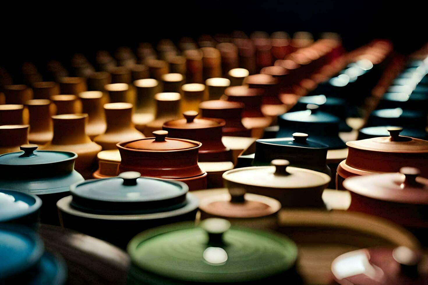 a large group of colorful pots and lids. AI-Generated photo