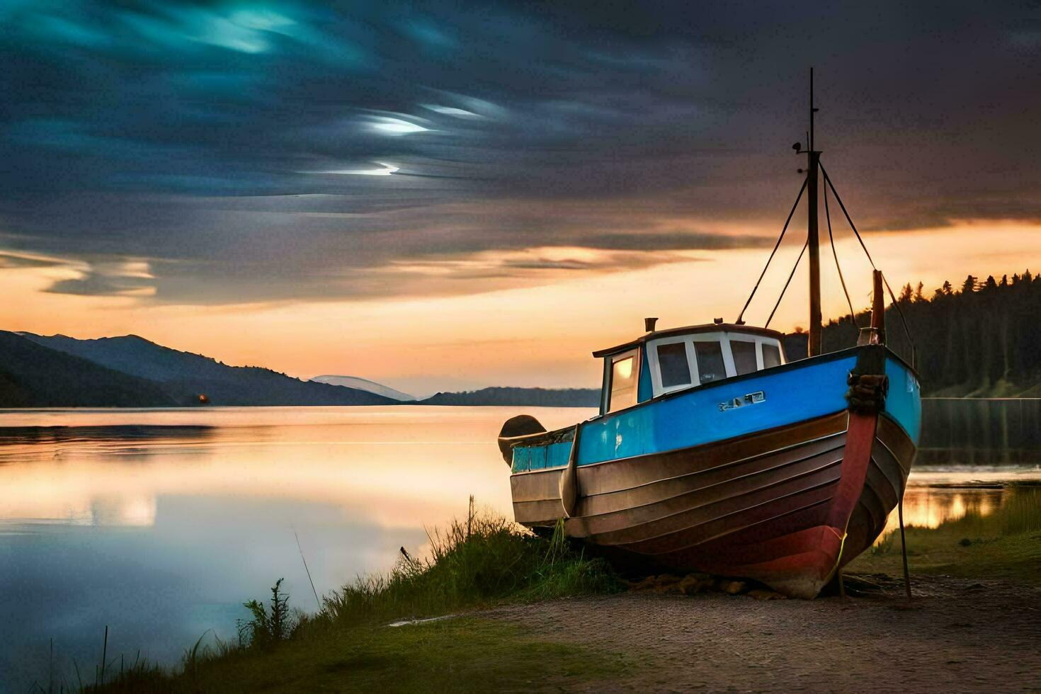 a boat sits on the shore at sunset. AI-Generated photo