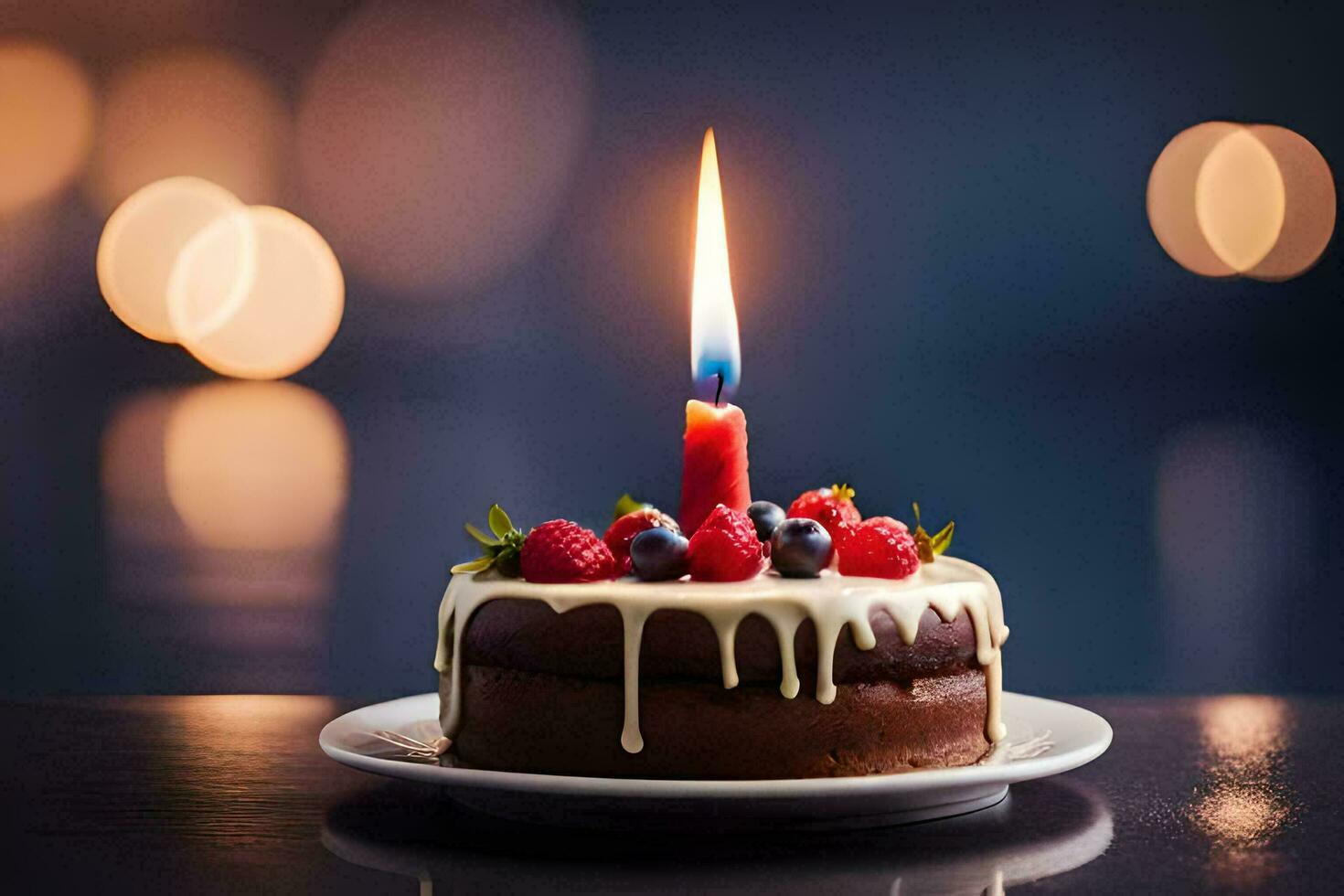 a birthday cake with a lit candle. AI-Generated photo