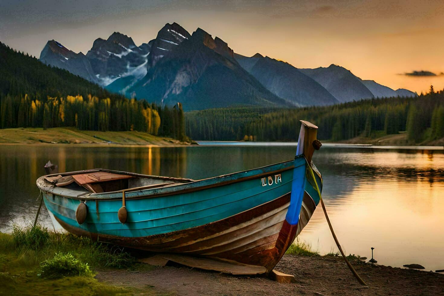 un barco se sienta en el apuntalar de un lago a puesta de sol. generado por ai foto