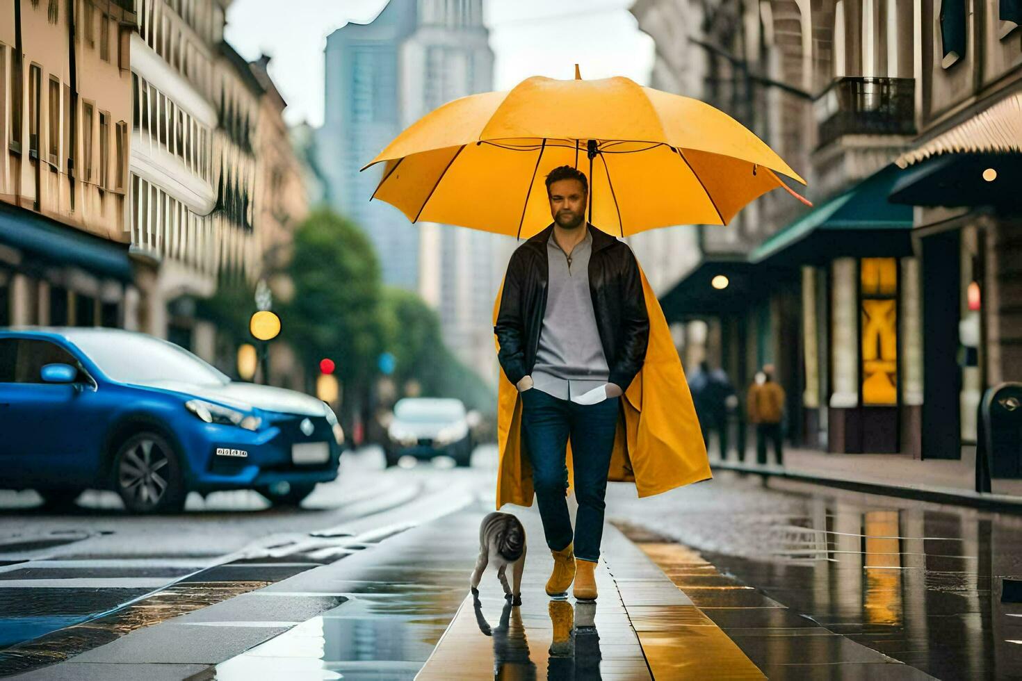 a man walking his dog in the rain with an umbrella. AI-Generated photo