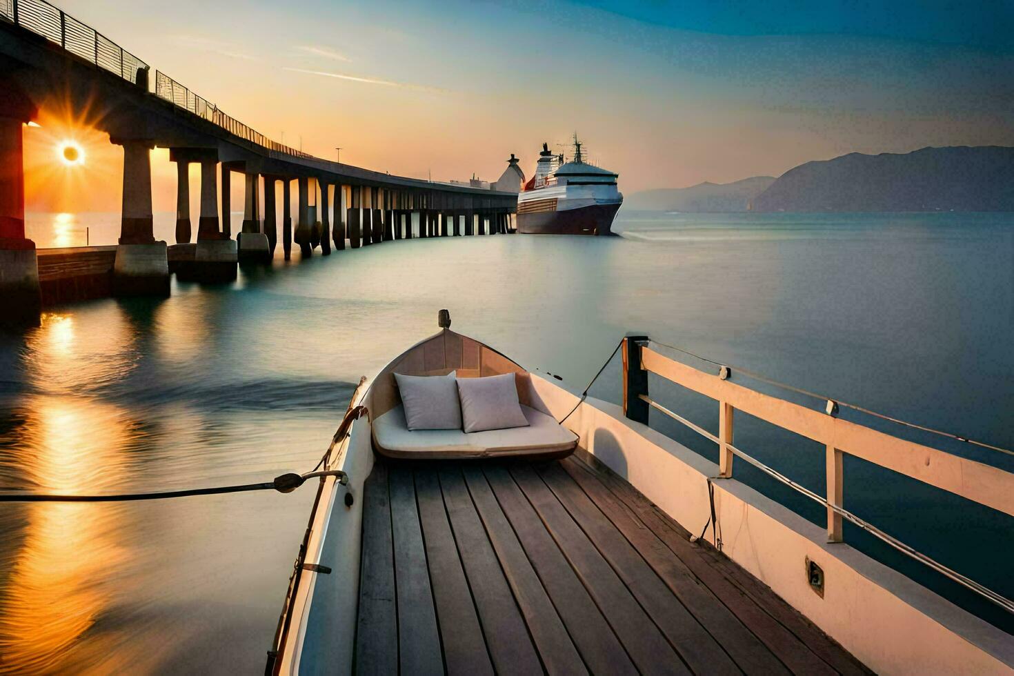 a boat is docked at the end of a pier at sunset. AI-Generated photo