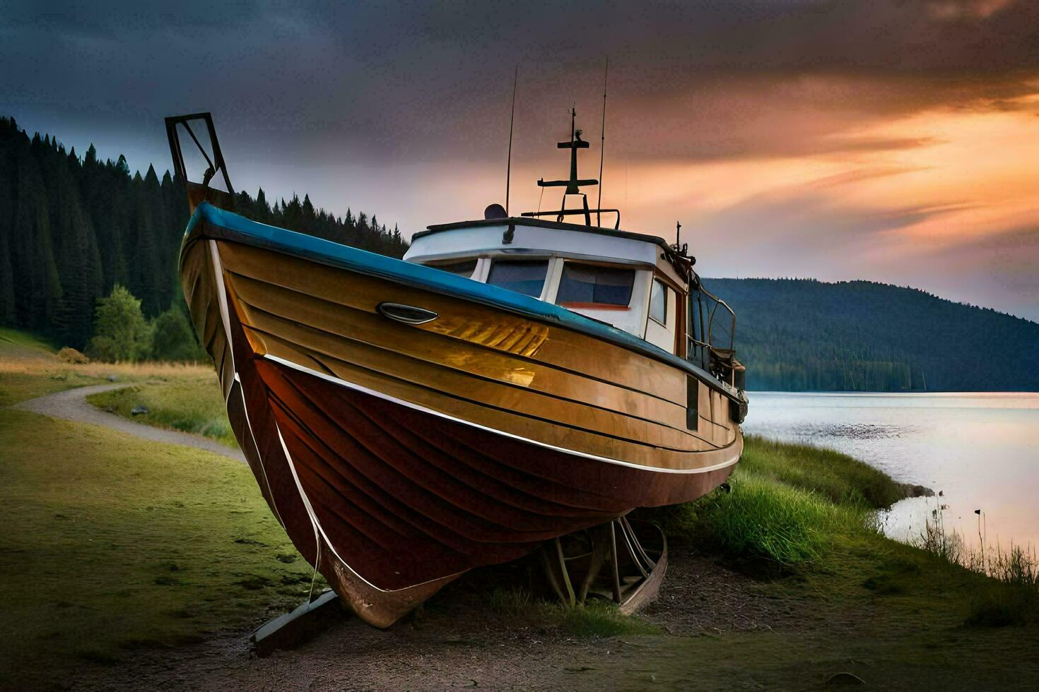 a boat sits on the shore of a lake at sunset. AI-Generated photo