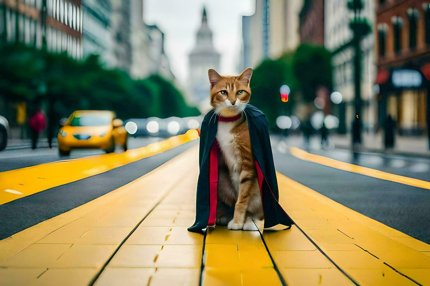 a cat wearing a cape on the street. AI-Generated photo