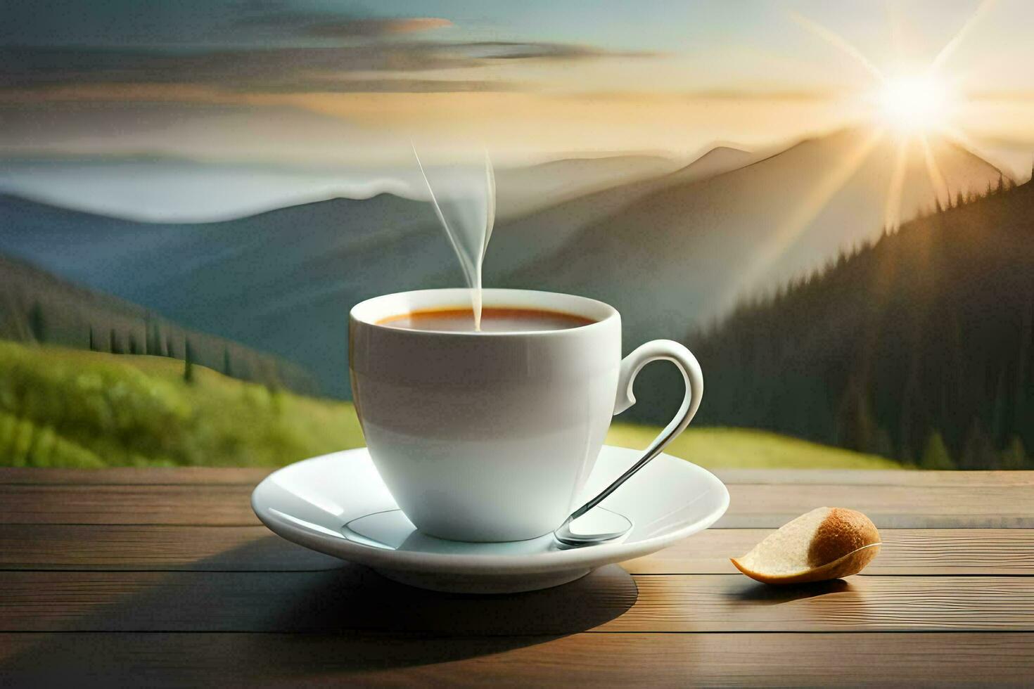 a cup of coffee on a wooden table with a view of the mountains. AI-Generated photo