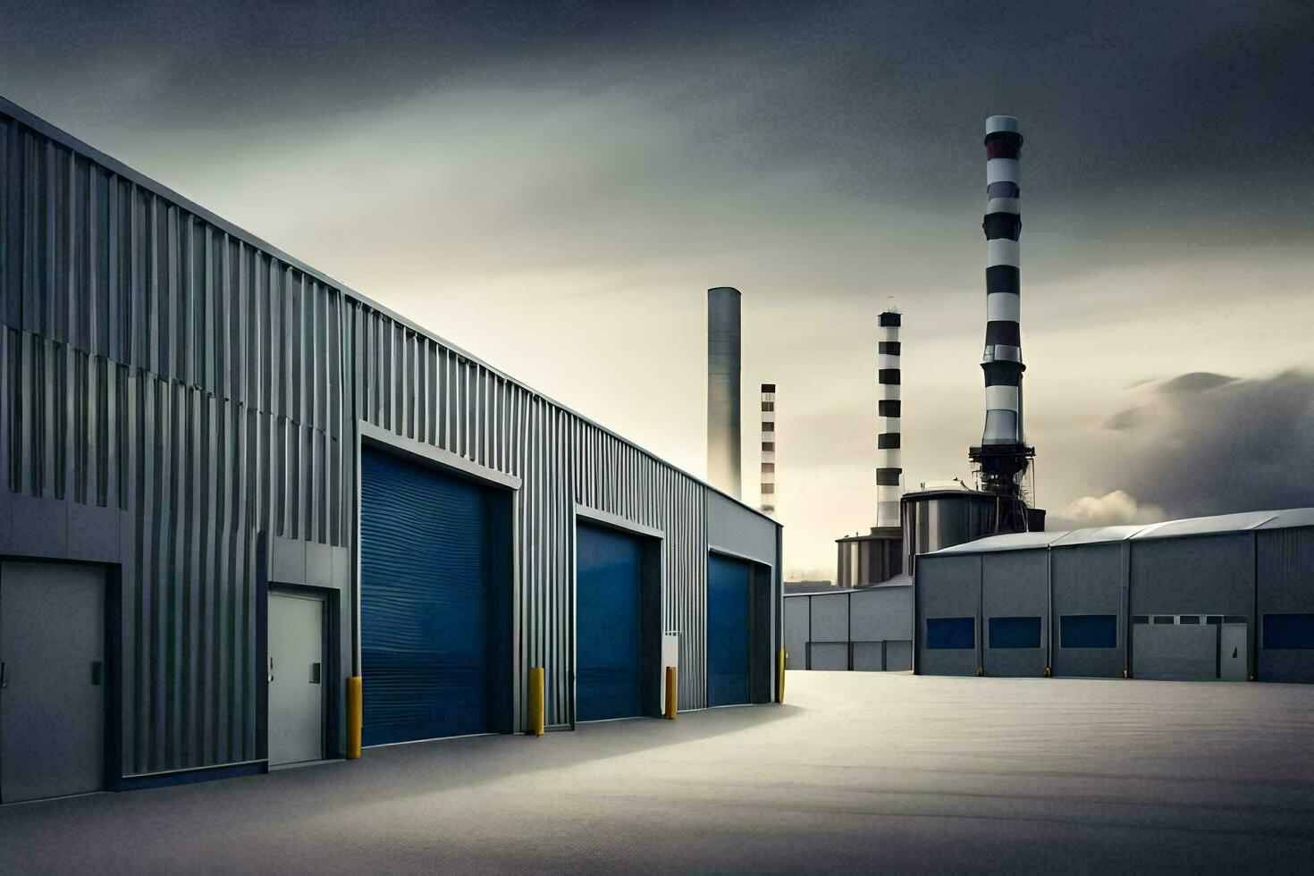 industrial edificios con grande puertas y chimeneas. generado por ai foto