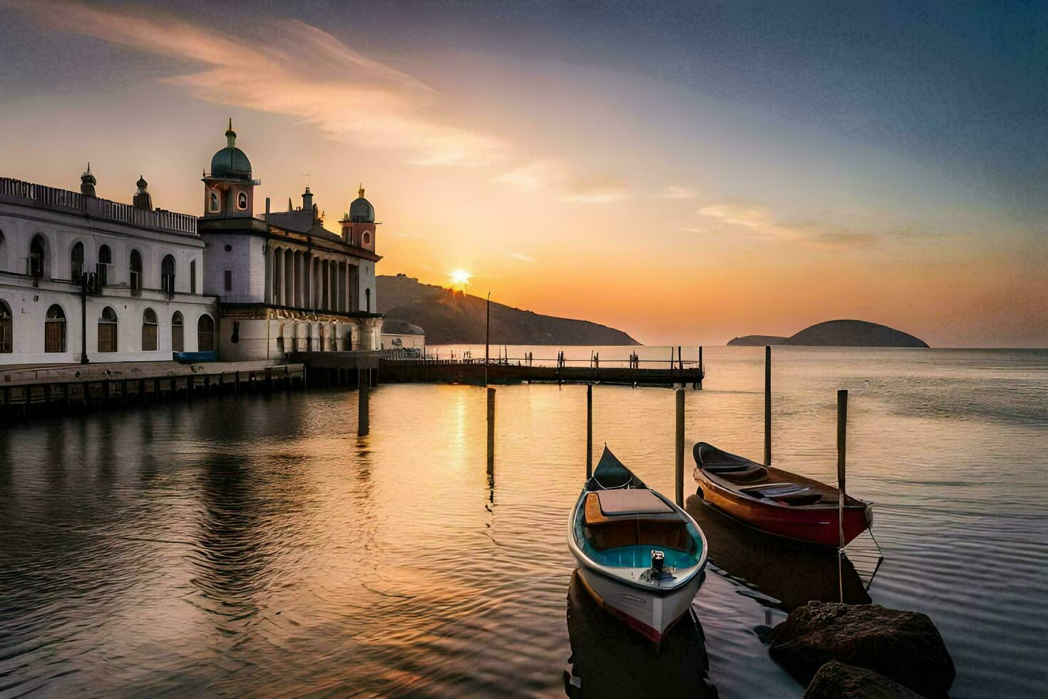 boats docked at the shore of a lake at sunset. AI-Generated photo