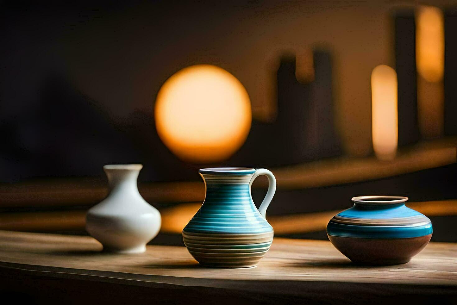 three vases sitting on a table in front of a city. AI-Generated photo