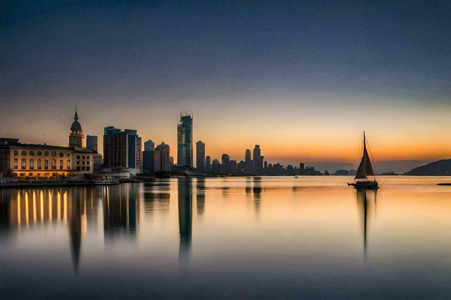 a sailboat is sailing in the water at sunset. AI-Generated photo
