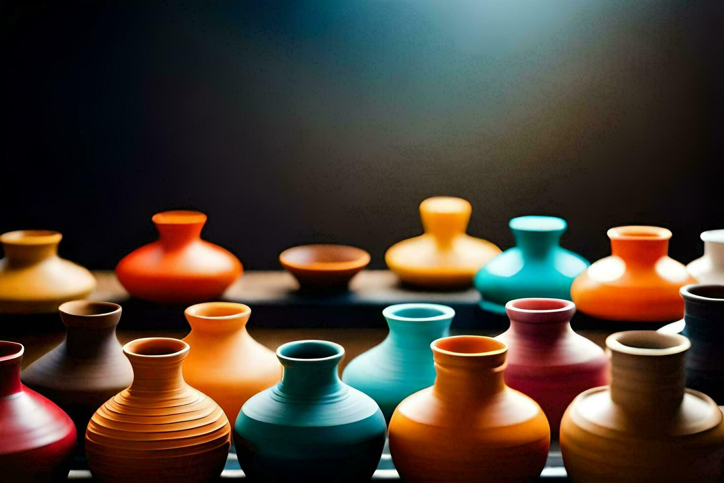 a row of colorful vases on a table. AI-Generated photo