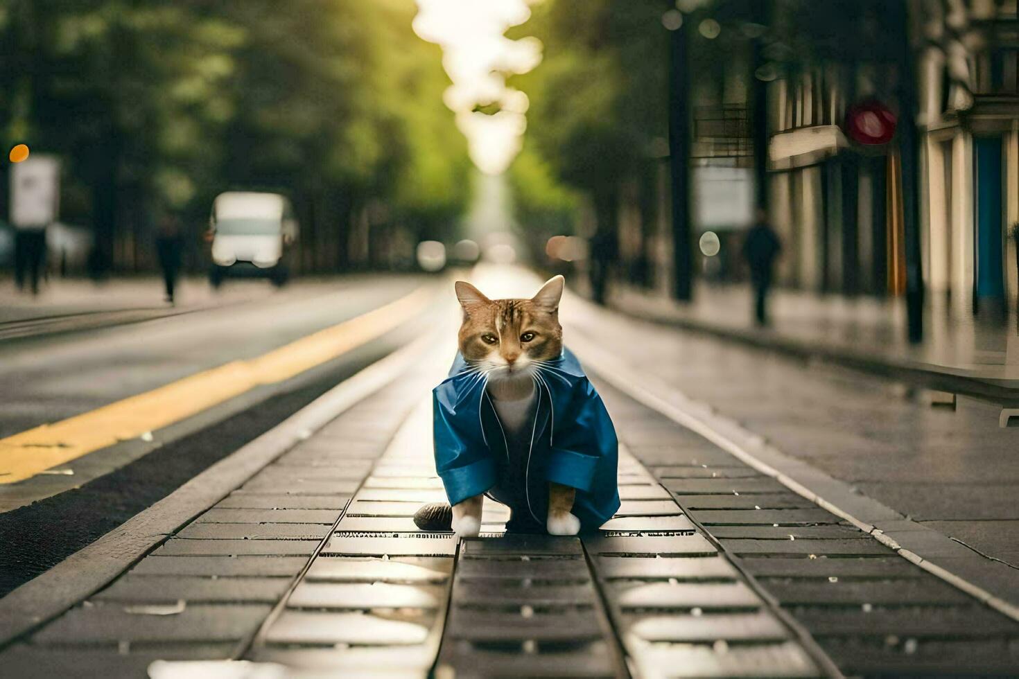 a cat in a blue jacket walking down a street. AI-Generated photo