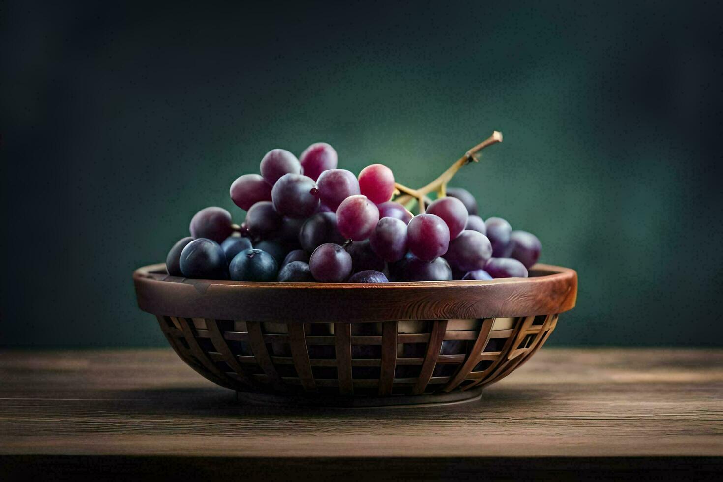 grapes in a basket on a wooden table. AI-Generated photo