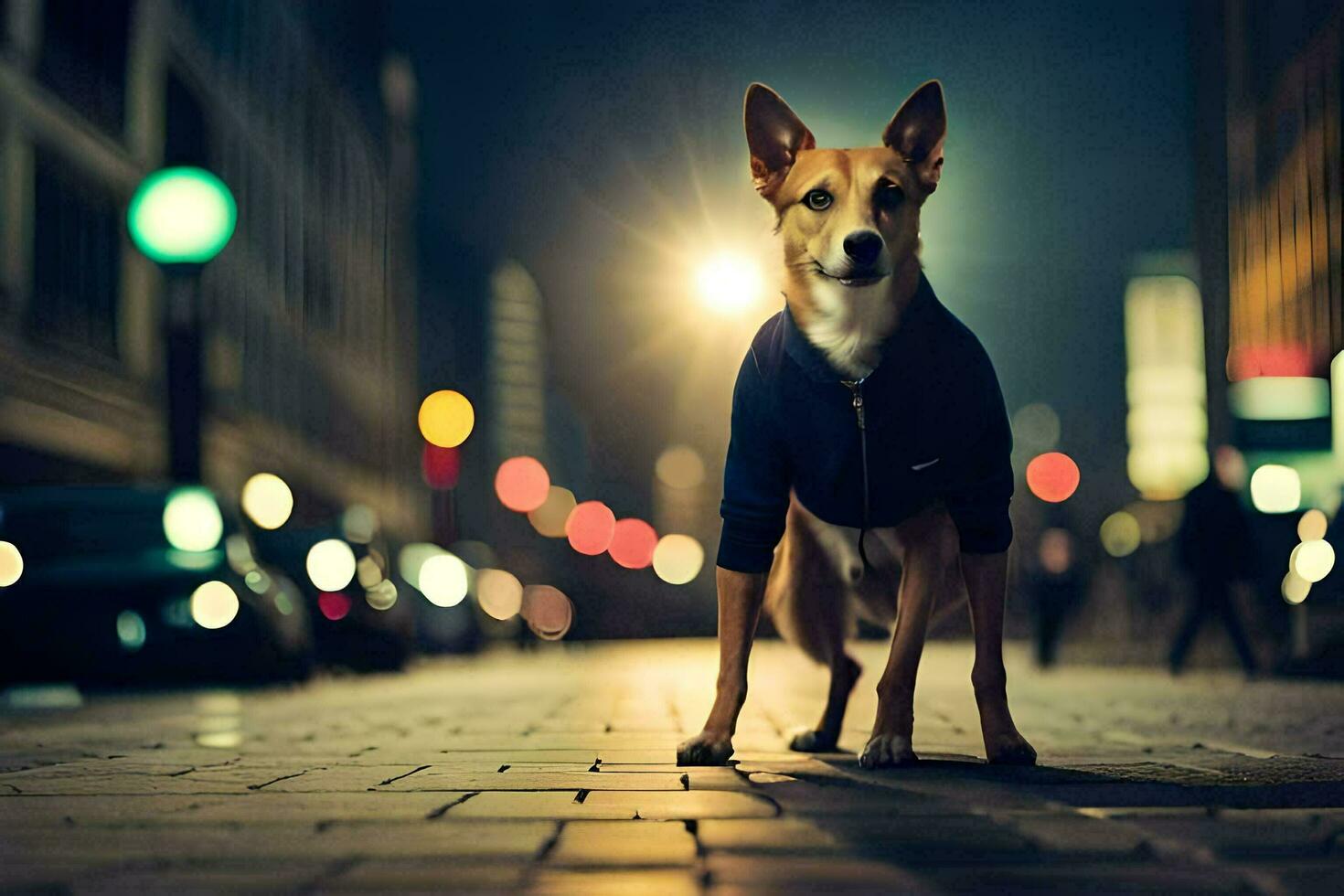 un perro vistiendo un chaqueta en pie en un calle a noche. generado por ai foto