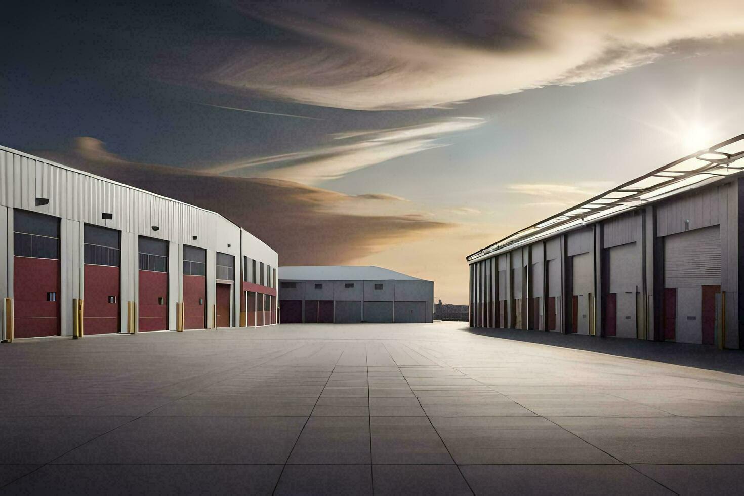 a large warehouse with two doors and a sky. AI-Generated photo