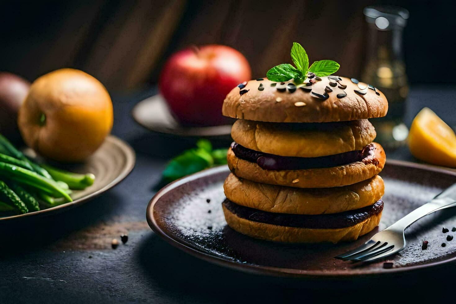 a stack of hamburgers on a plate with apples and other vegetables. AI-Generated photo