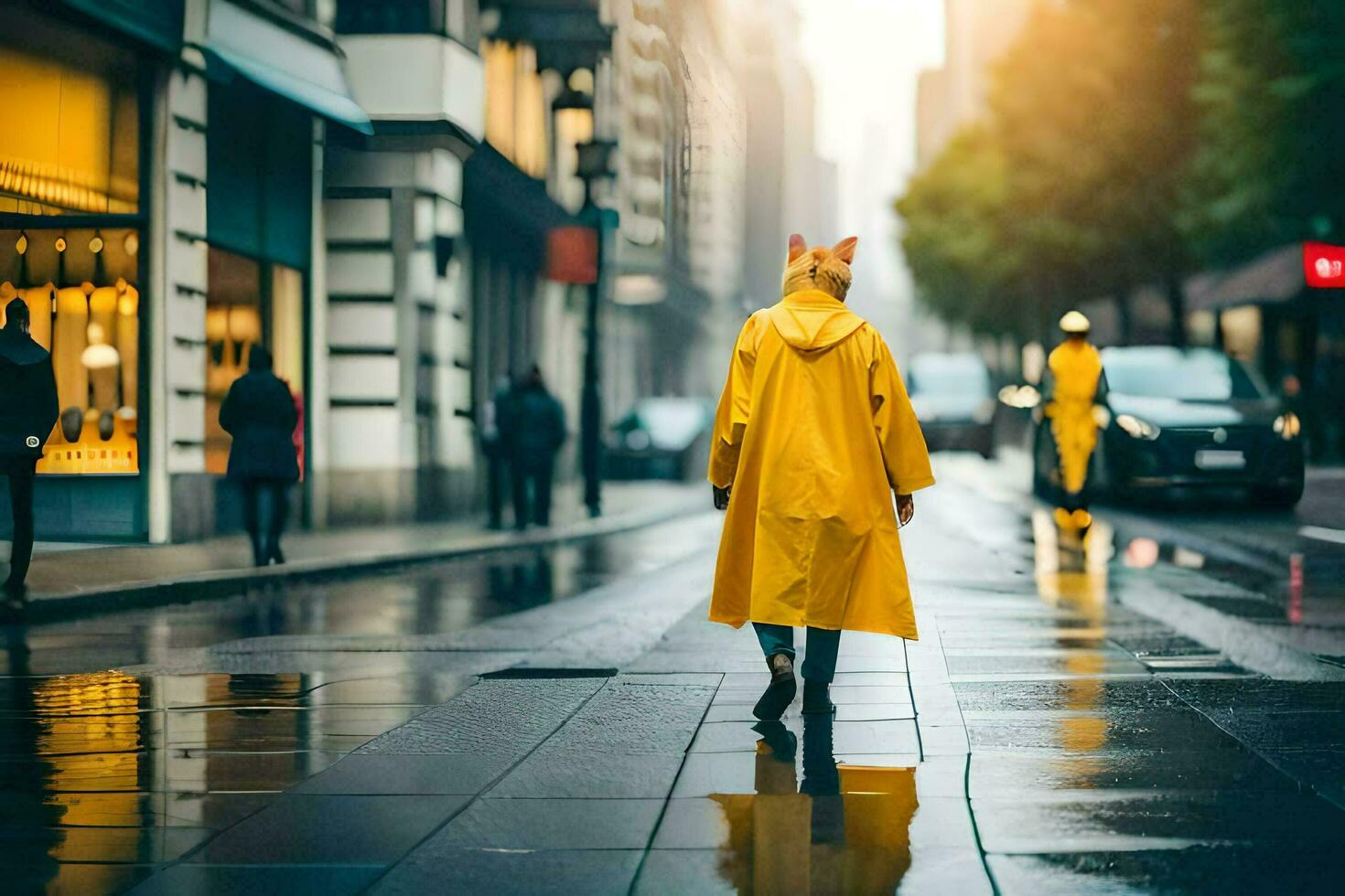 a person walking in the rain wearing a yellow raincoat. AI-Generated photo