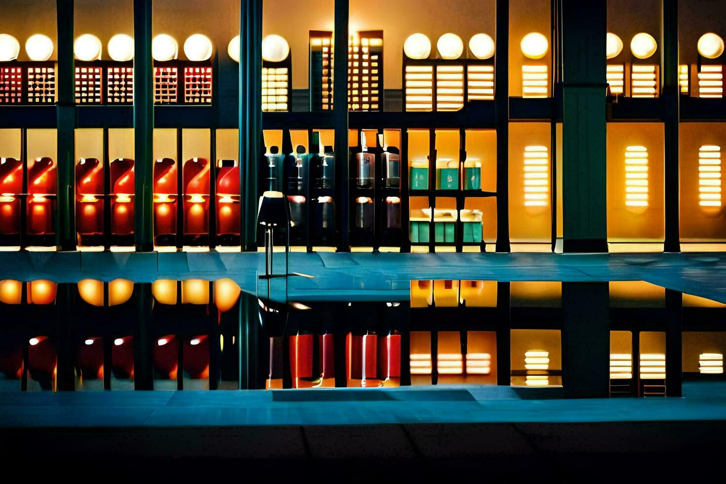 un piscina con botellas de vino en eso a noche. generado por ai foto