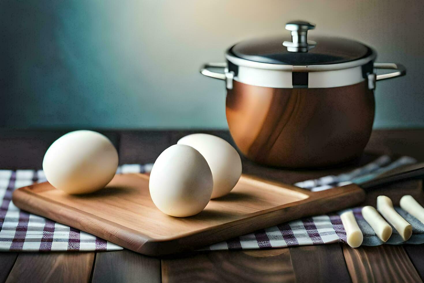 three eggs on a cutting board next to a pot. AI-Generated photo