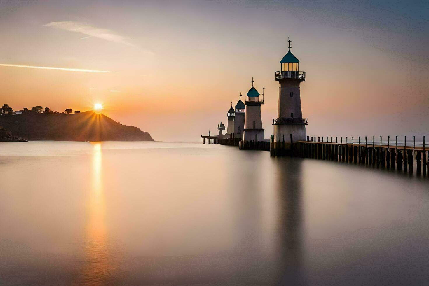 el Dom sube terminado el agua y un faro. generado por ai foto