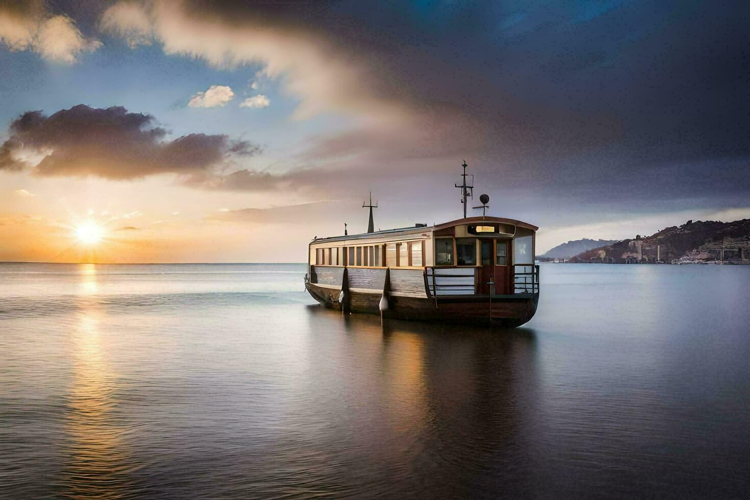 a boat on the water at sunset. AI-Generated photo