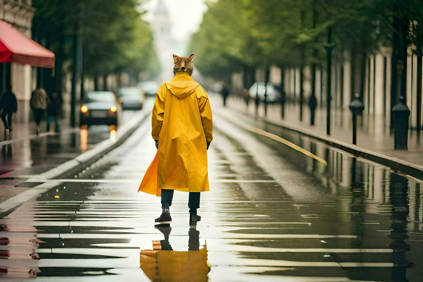 a person in a yellow raincoat walking down a street. AI-Generated photo