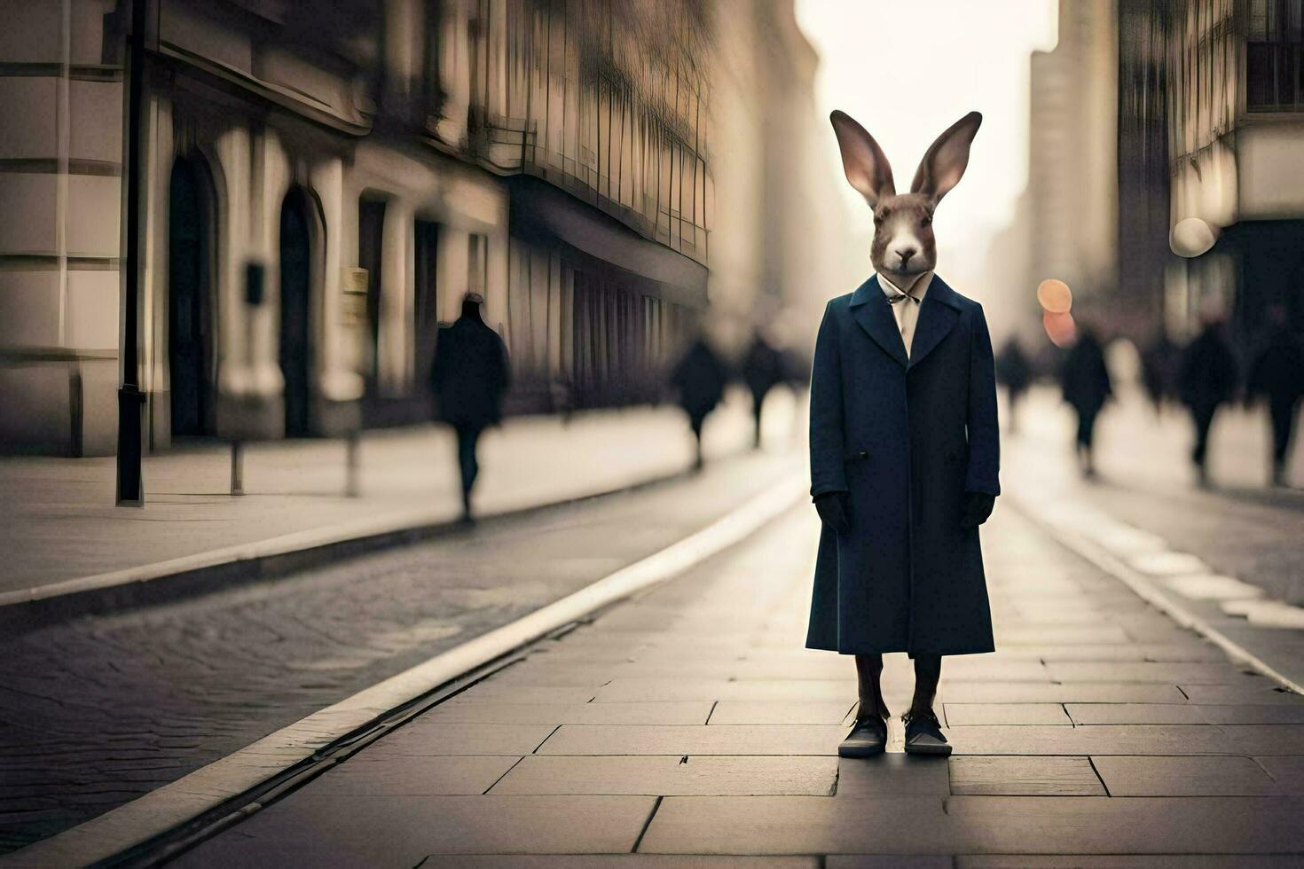 a rabbit wearing a coat and tie standing in the middle of a city street. AI-Generated photo