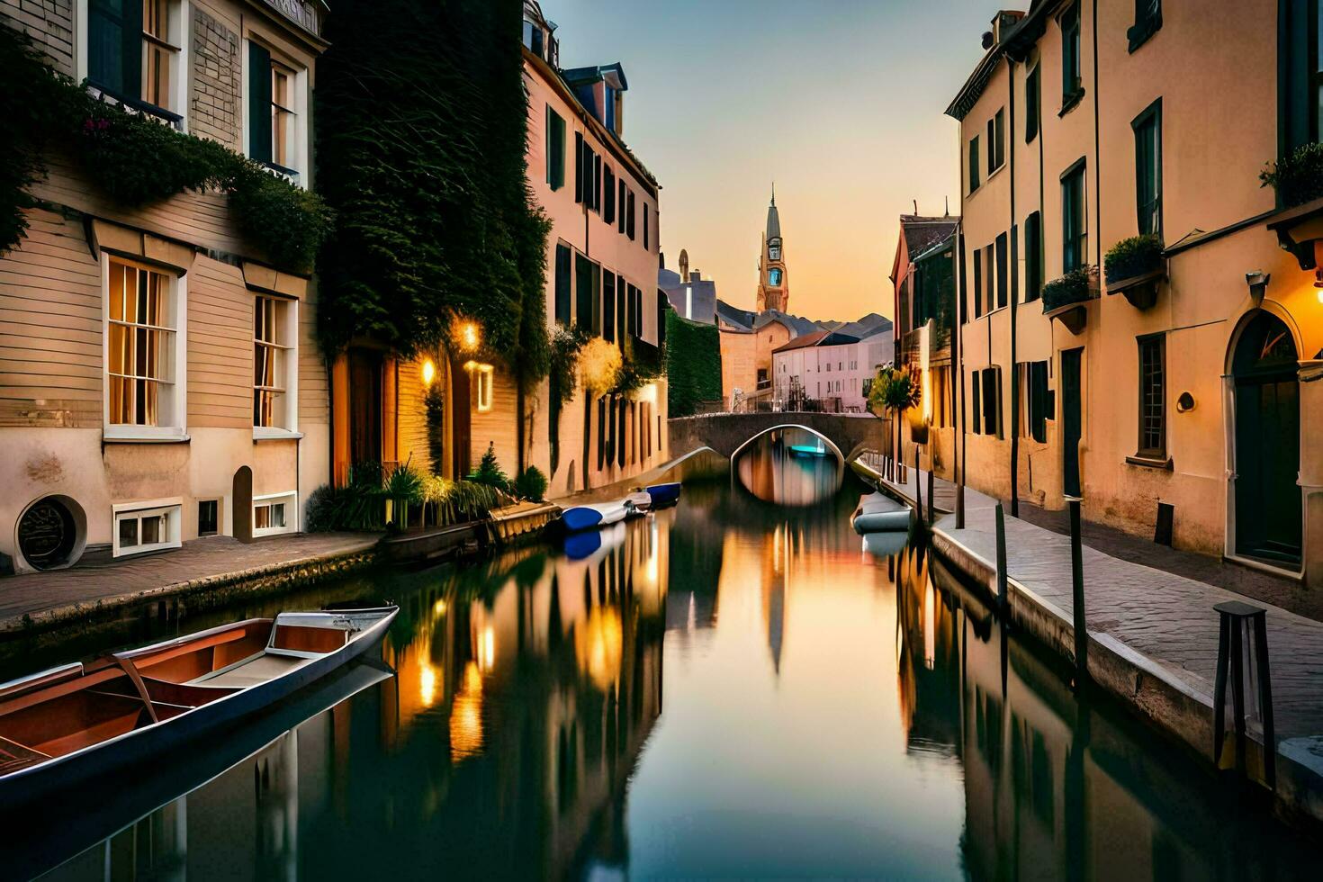 un canal en un ciudad con edificios y barcos generado por ai foto