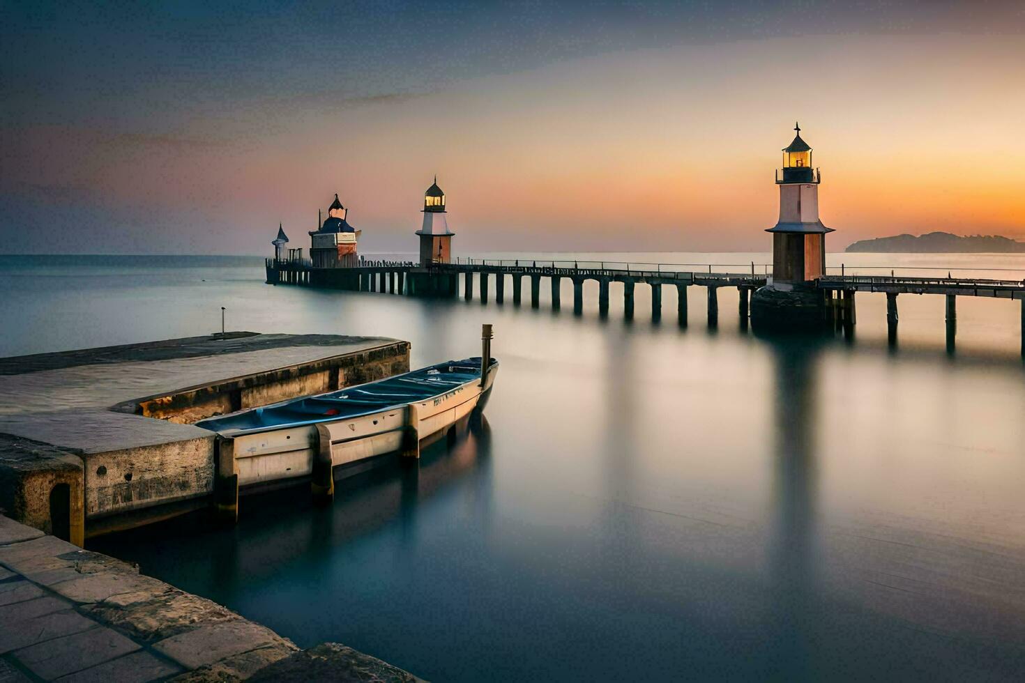 un barco se sienta a el muelle a puesta de sol. generado por ai foto