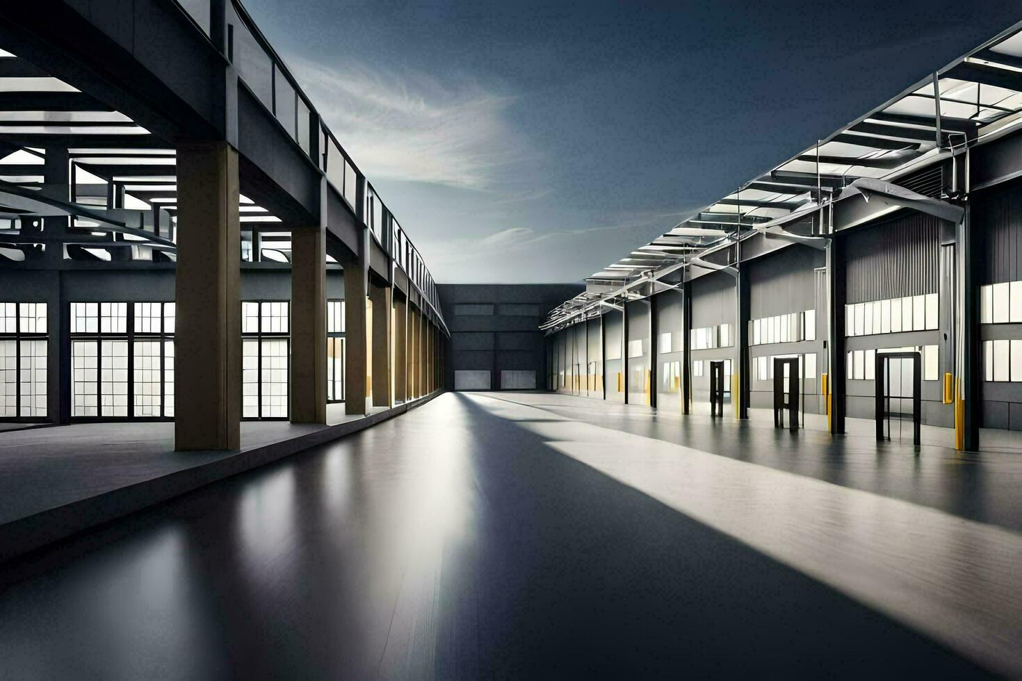 an empty warehouse with a long hallway. AI-Generated photo