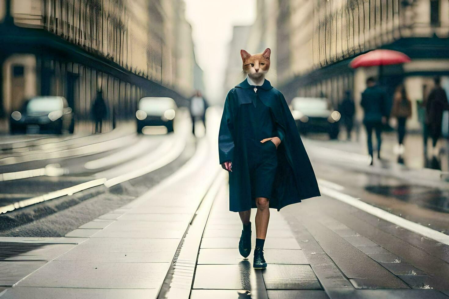 a dog wearing a coat and walking down a street. AI-Generated photo