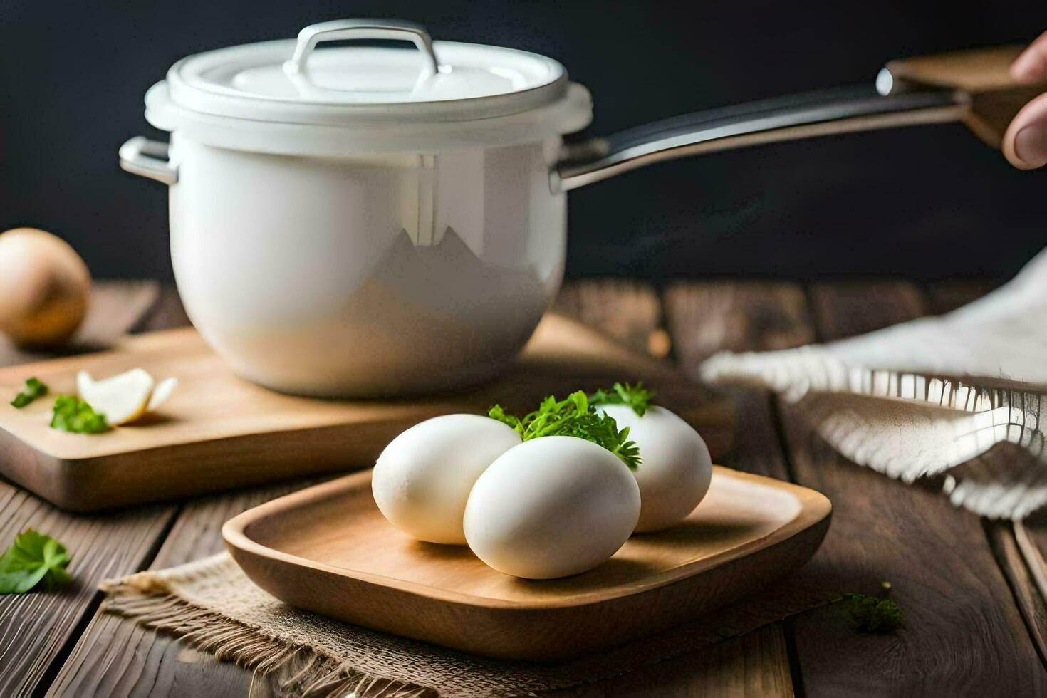 a person holding a pot with eggs on a wooden table. AI-Generated photo