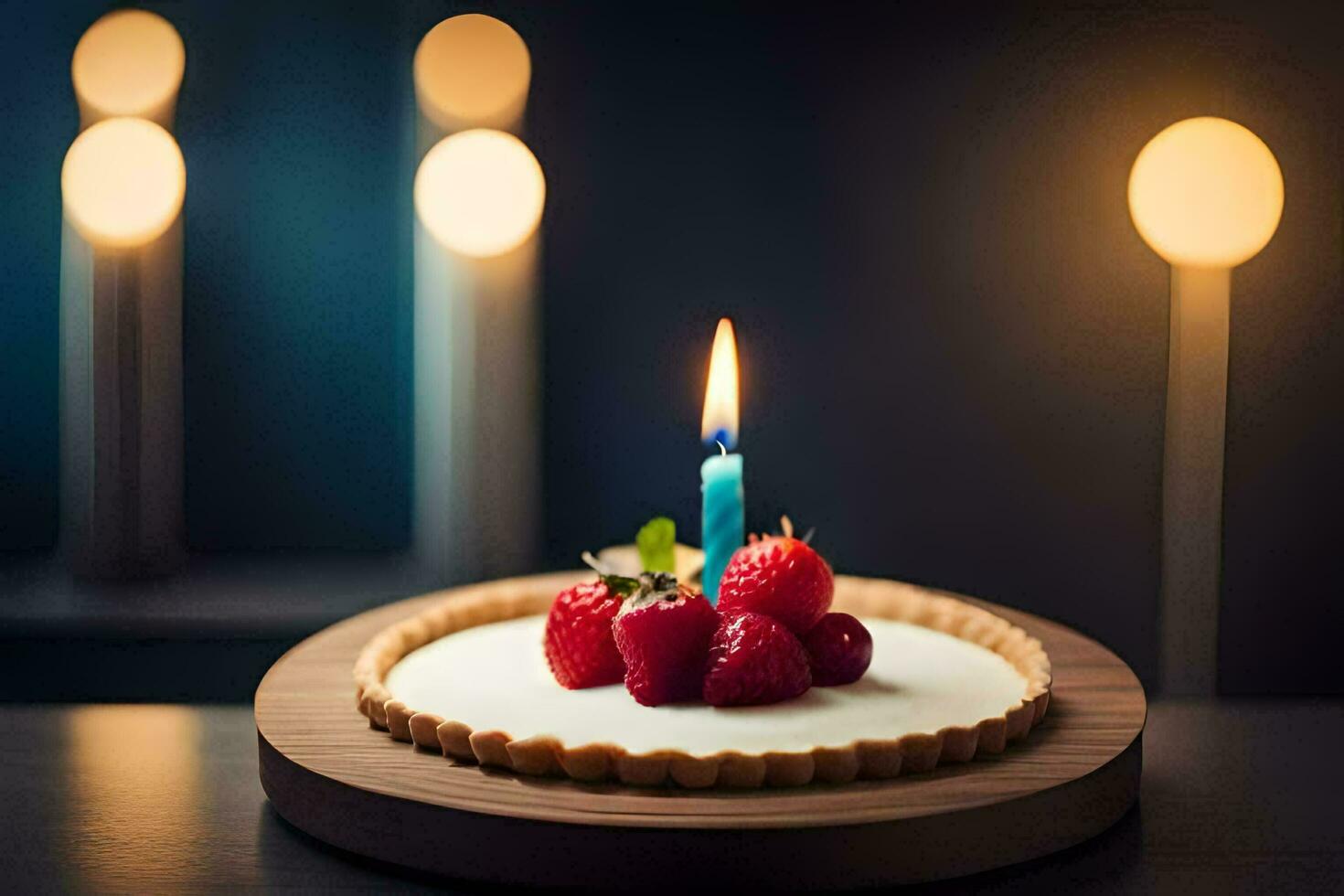a birthday cake with berries and a lit candle. AI-Generated photo