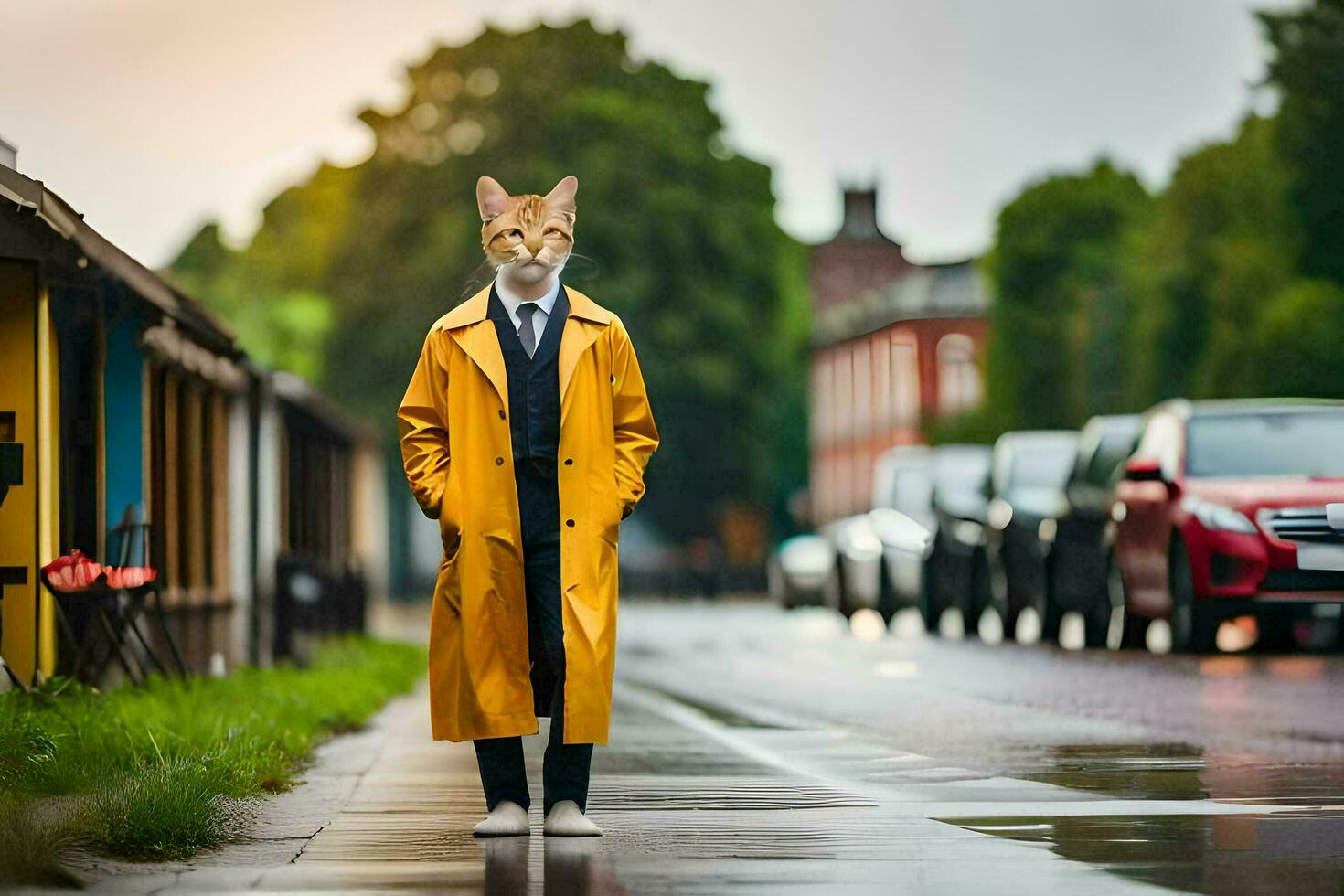 a cat in a yellow coat standing on a wet street. AI-Generated photo