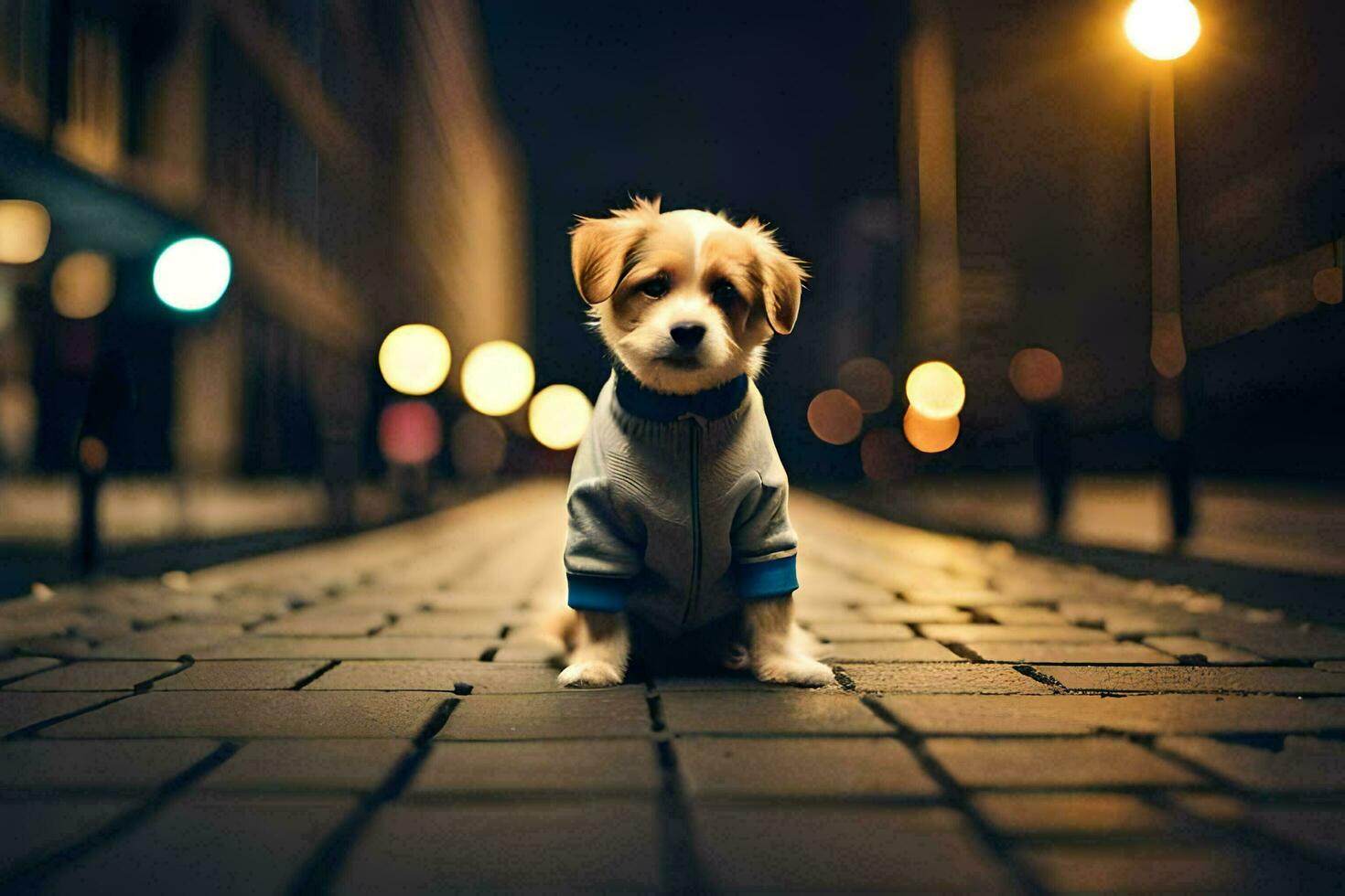 a small dog in a jacket sitting on the street at night. AI-Generated photo