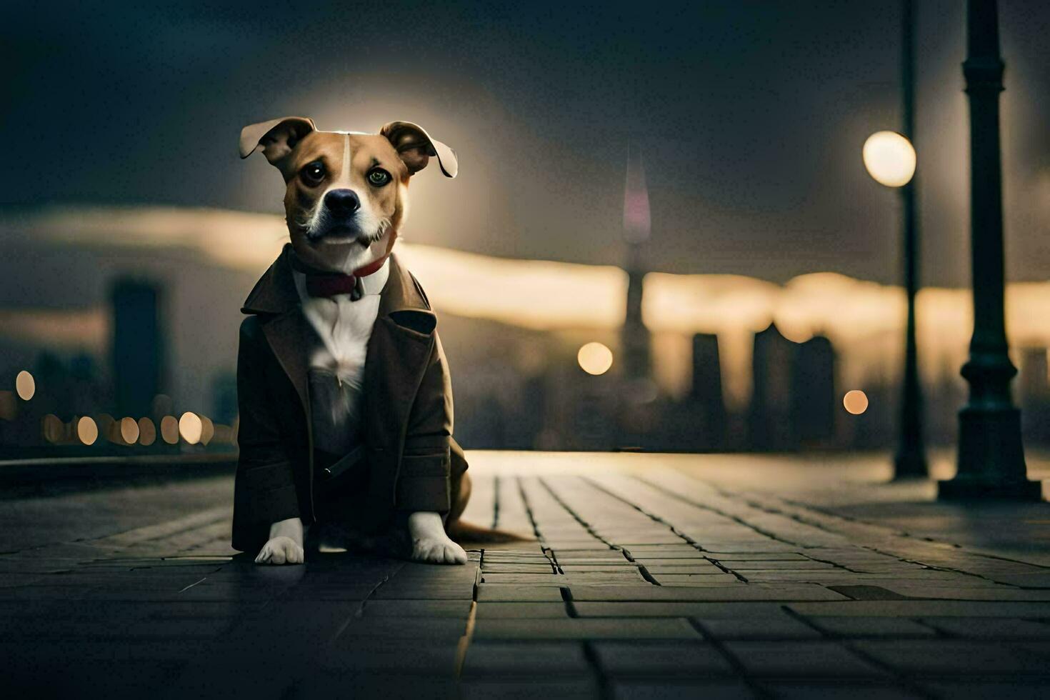 a dog in a coat sitting on the ground in front of a city. AI-Generated photo