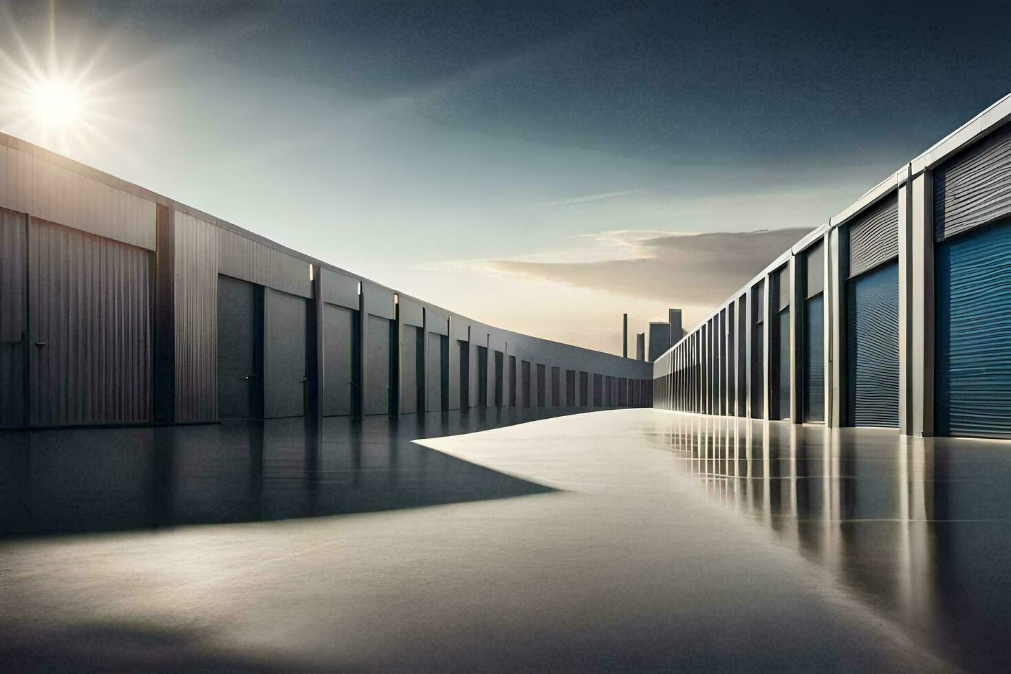 a long hallway with storage units and a sun shining. AI-Generated photo