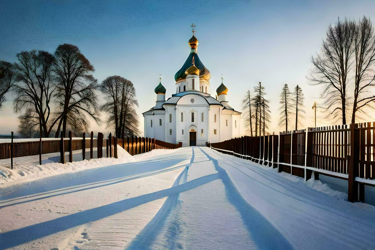 a church in the snow with a path leading to it. AI-Generated photo