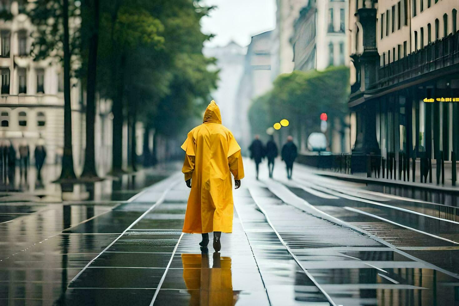 a person walking in the rain wearing a yellow raincoat. AI-Generated photo