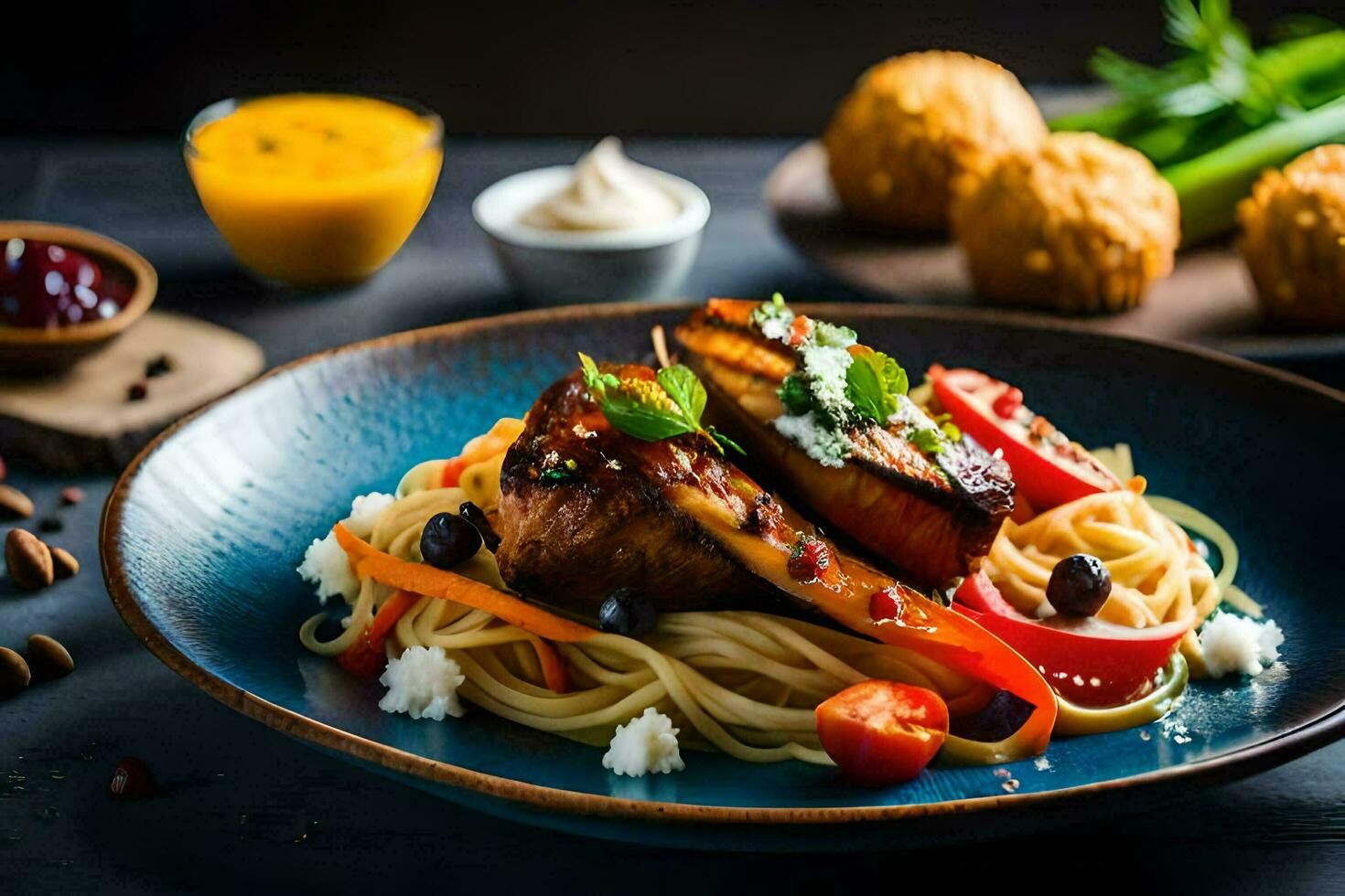 a plate of food with pasta, vegetables and sauce. AI-Generated photo