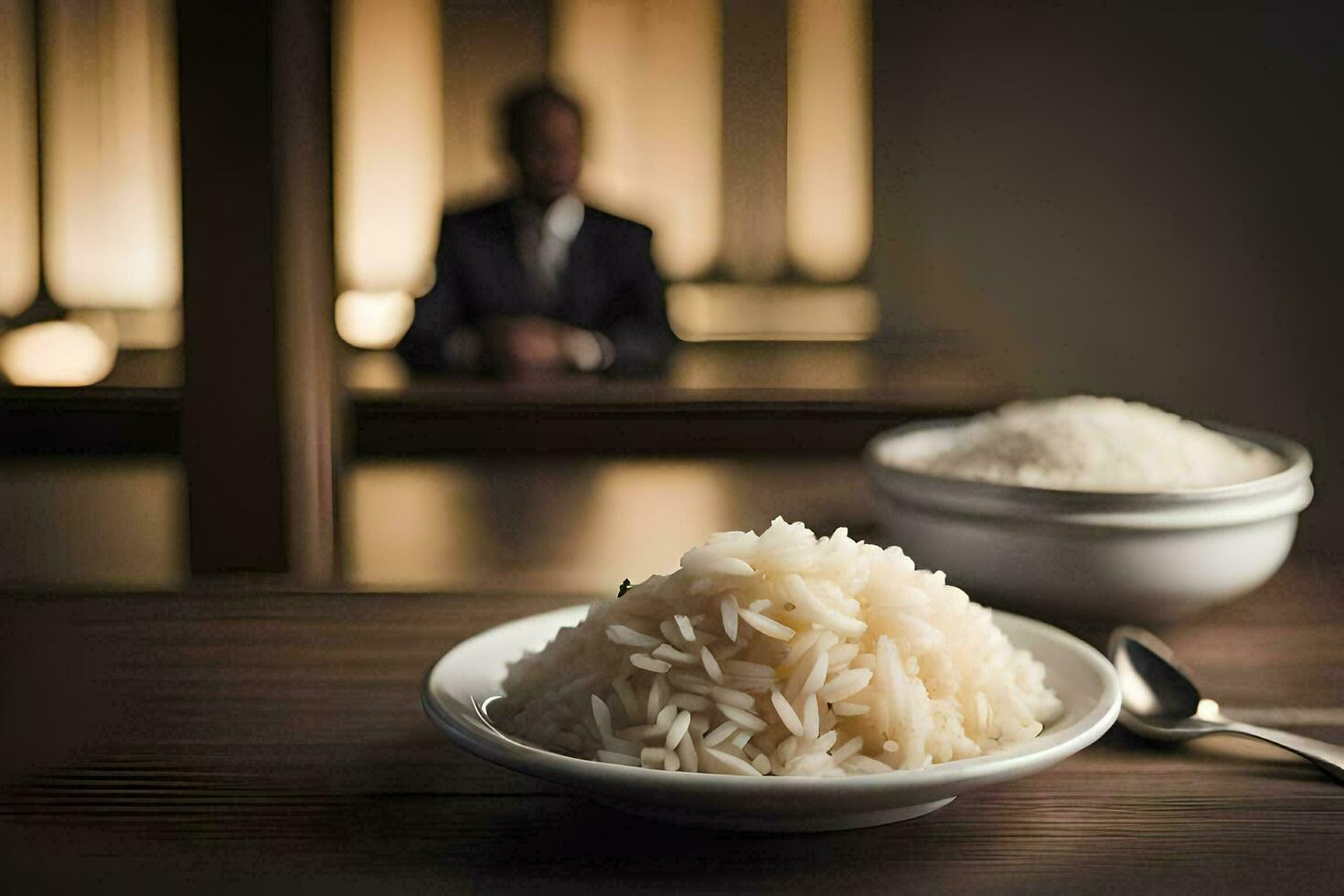 a bowl of rice on a table with a man in the background. AI-Generated photo