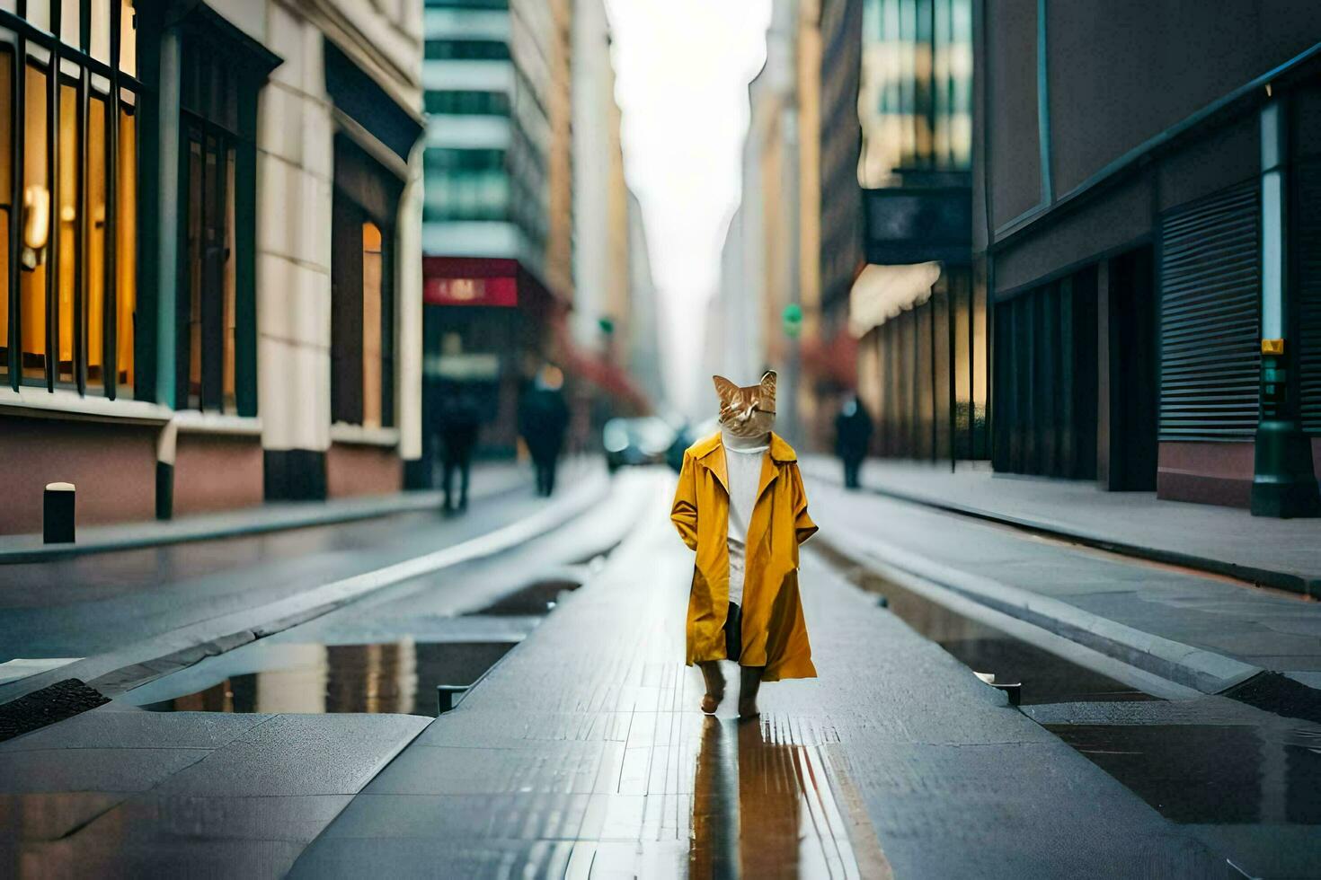 a dog in a yellow coat walking down a street. AI-Generated photo