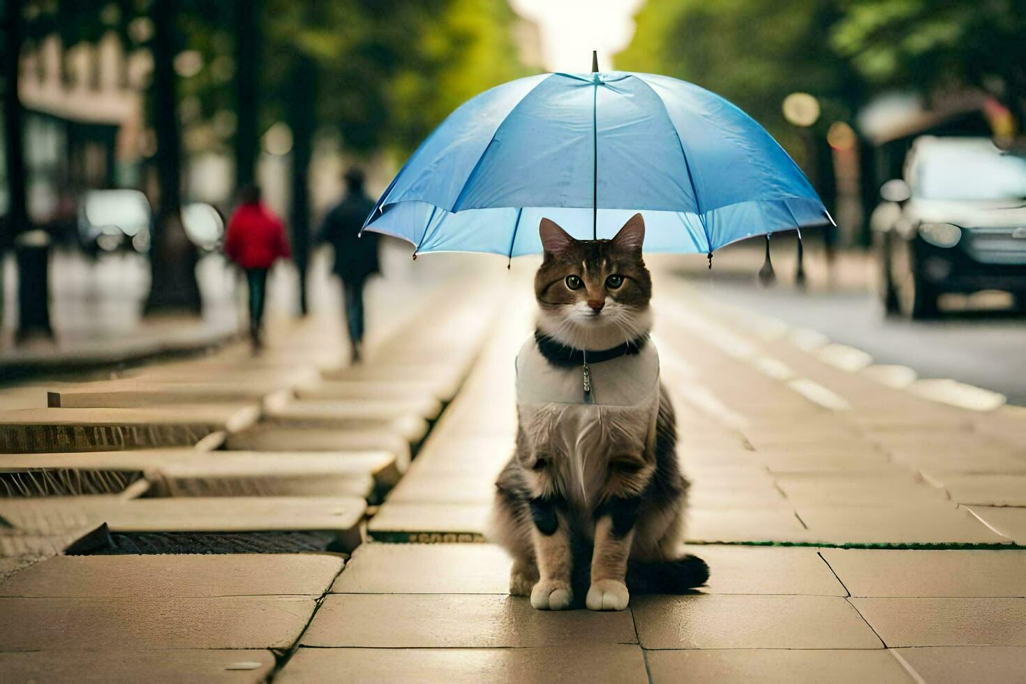 un gato es en pie en un calle con un sombrilla. generado por ai foto