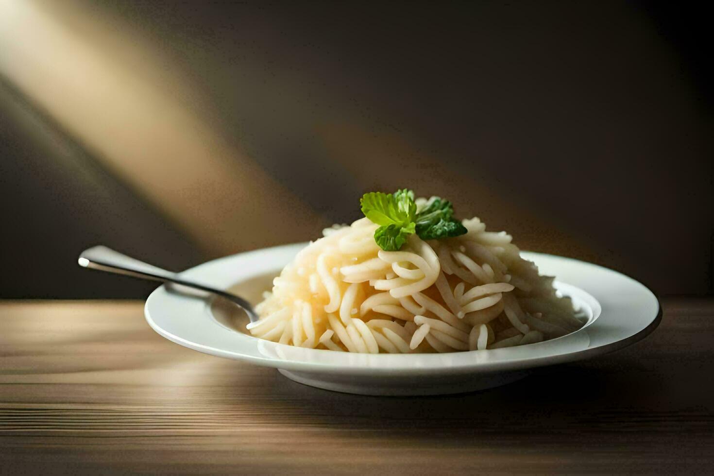 a plate of pasta with a spoon on a wooden table. AI-Generated photo